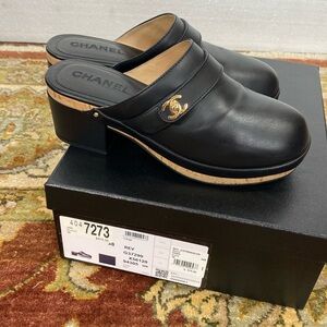 CHANEL black leather and cork clogs/mule with gold CC turn lock 38